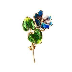 Vintage Italian 800 Silver Enamel Filigree Clover & Butterfly Brooch